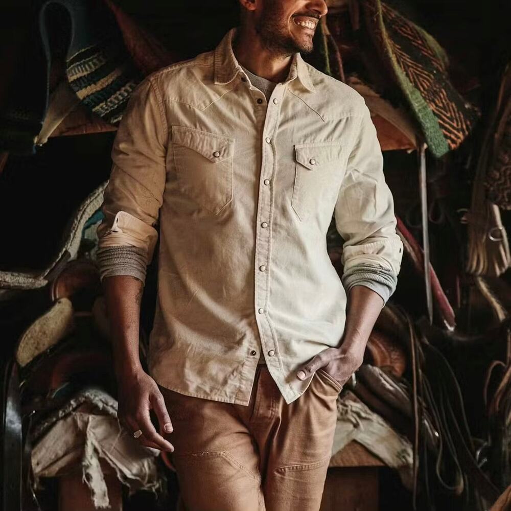 Taylor Stitch The Western Pincord Natural Long Sleeve Shirt 46 NEW Pearl Snap